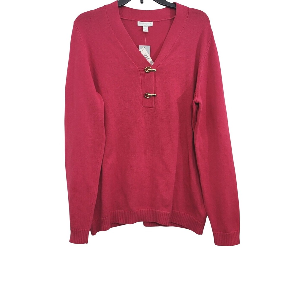 Charter Club Wmen Hot Pink Vneck Buckle Closure Casual Peppy Knit Sweater 1X NEW